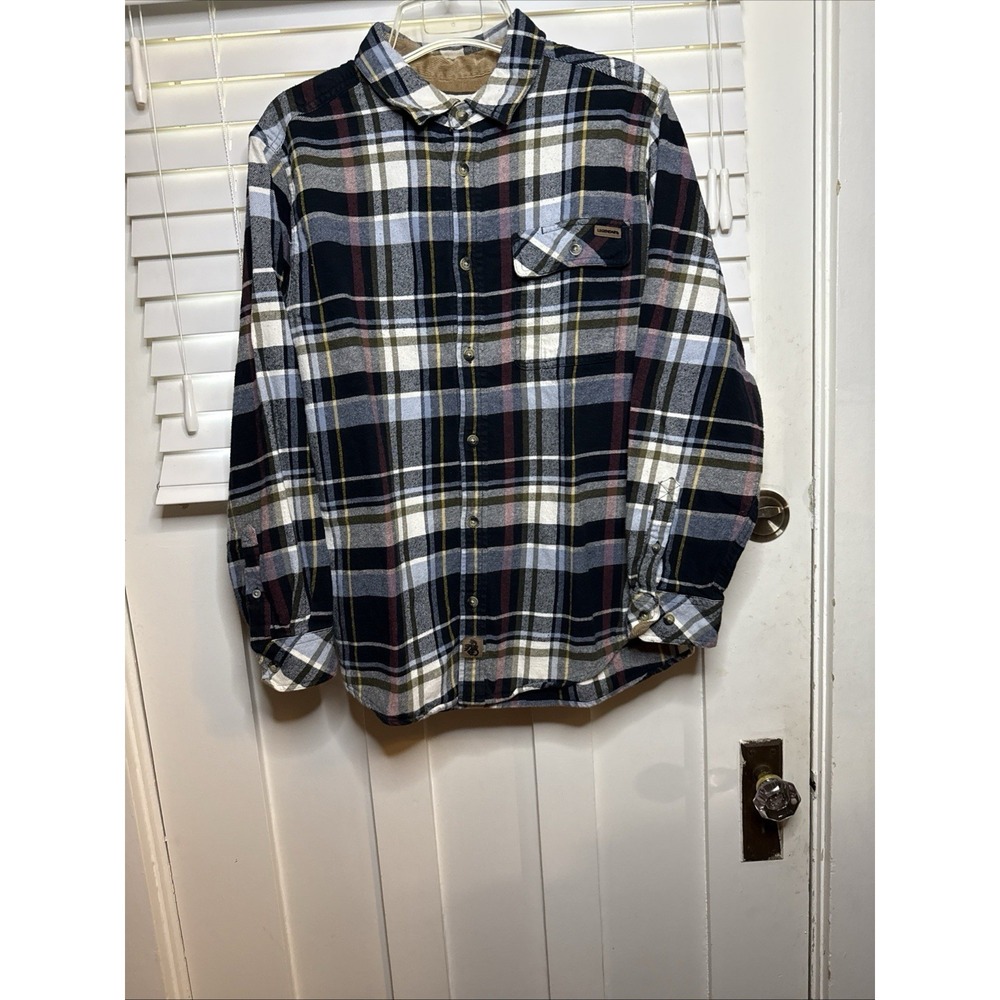 Legendary Whitetails Shirt Mens Navy Flannel Brown Corduroy Collar/Sleeves Med.
